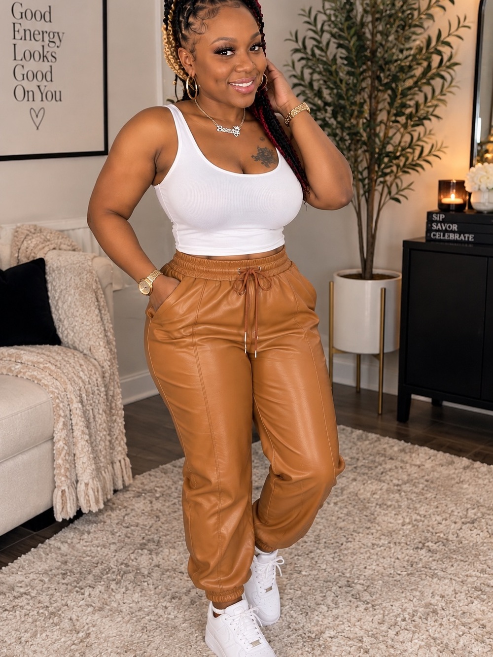SHEIN Brown Faux Leather Jogger Pants Size L
